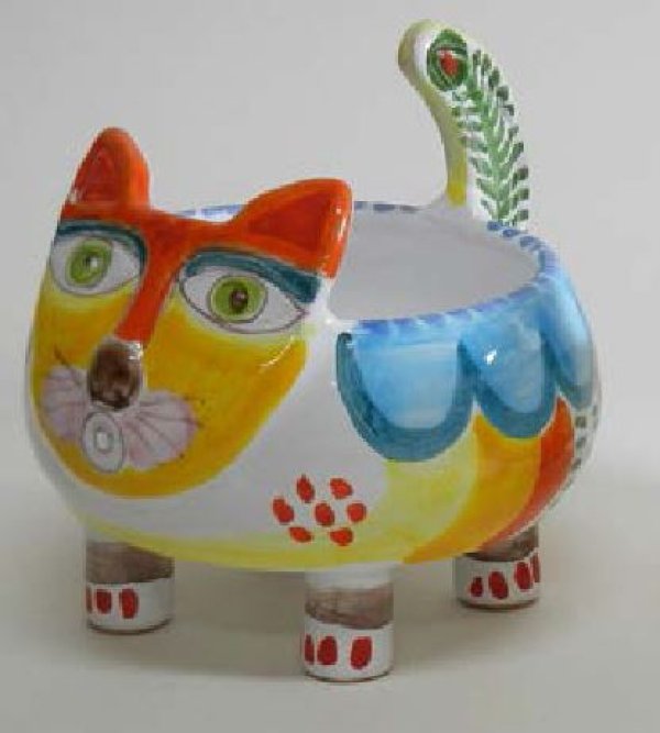 画像1: イタリア製 輸入雑貨 シチリア 陶器 オブジェ 置物 小物入れ ポット 手描き ネコ ねこ 猫 デシモーネ デシモネ desimone ハンドペイント 207AB 送料無料 (1)