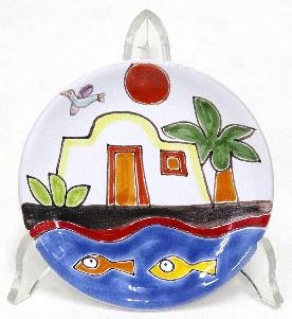 画像1: イタリア製 輸入雑貨 シチリア 陶器 絵皿 壁飾り 壁掛け 手描き  家 海辺 デシモーネ デシモネ desimone ハンドペイント 2404CN 12cm (1)