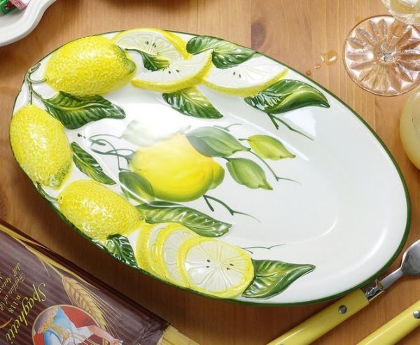 画像1: イタリア製 輸入雑貨 ディナー皿 29cm 楕円 レモン柄 盛り皿 カレー スパゲティ バッサーノ ハンドペイント BRE-1474LE 直輸入 リビングスタジオ (1)
