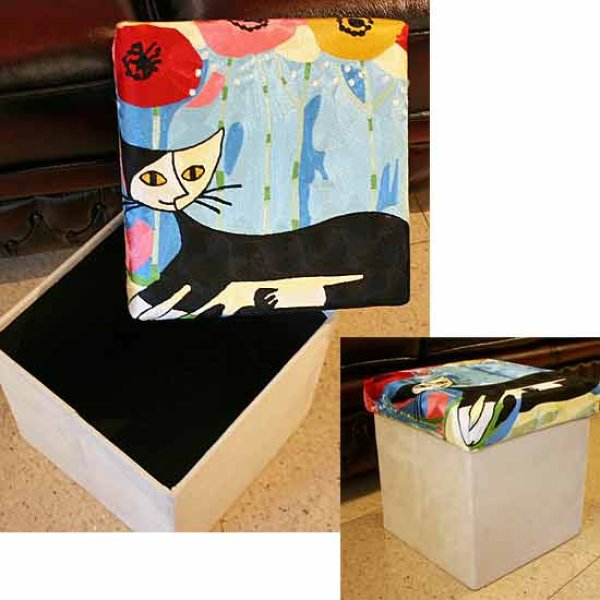 輸入雑貨 スツール コンパクト ボックス 収納 刺繍 ロジーナキャット