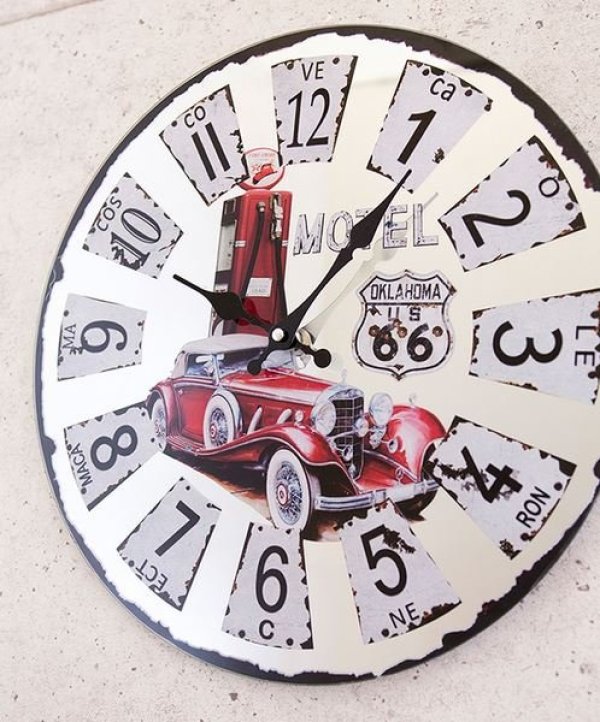 輸入雑貨 ミラー ウォールクロック RT 66 RED Historic Car 壁掛け時計