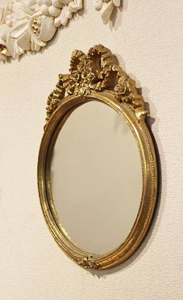 輸入雑貨 ミラー 楕円 ゴールド リボン 壁掛け 鏡 ロココ オーバル