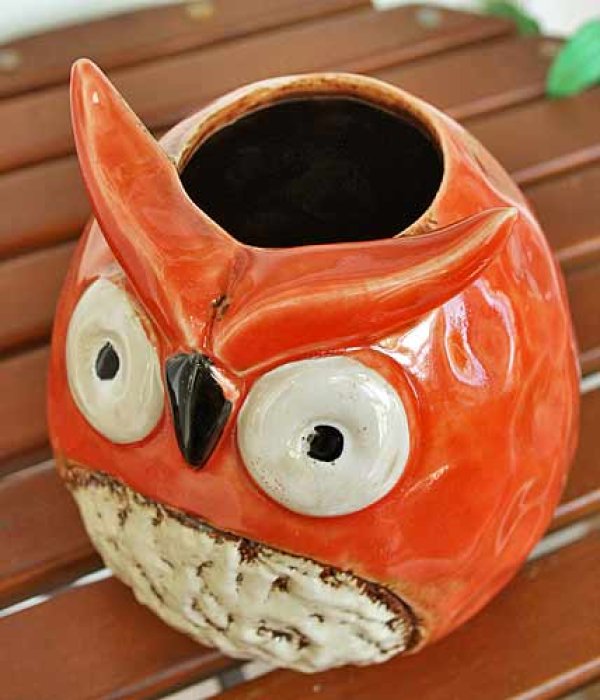 画像3: 輸入雑貨 フラワーベース 陶器 フクロウ オレンジ レッド 赤 トトロ風 花瓶 プランター フラワーポット シャビーシック H16cm 29273 (3)