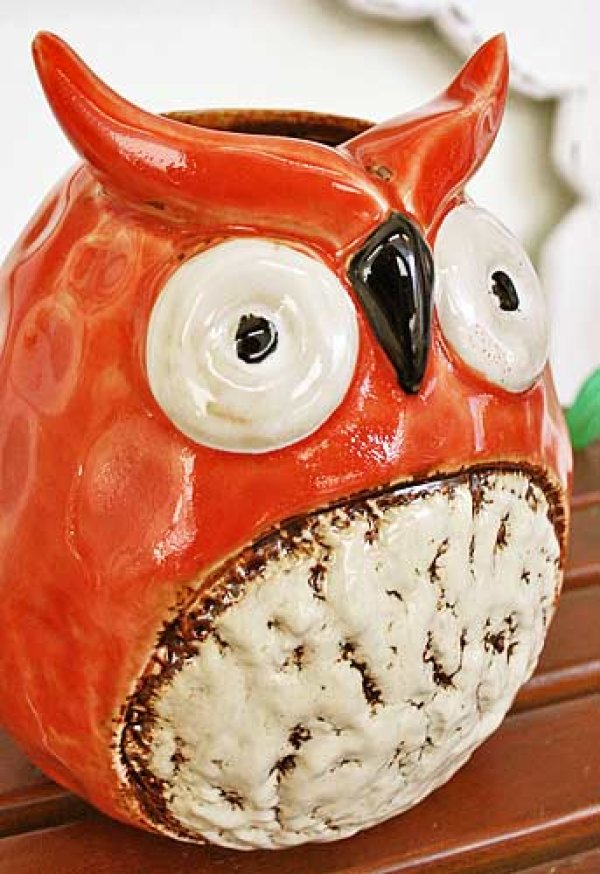 画像4: 輸入雑貨 フラワーベース 陶器 フクロウ オレンジ レッド 赤 トトロ風 花瓶 プランター フラワーポット シャビーシック H16cm 29273 (4)