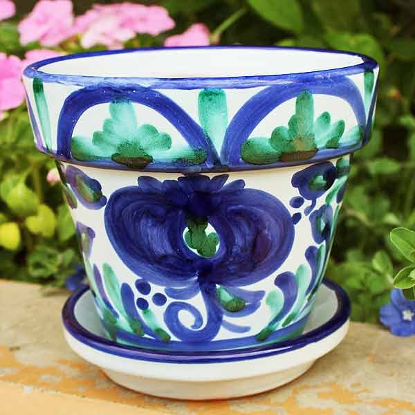 画像1: スペイン製 輸入雑貨 皿付きプランター 植木鉢 ブルー 花柄 14cm タラベラ焼き ハンドペイント テラコッタ 13732 直輸入 リビングスタジオ (1)