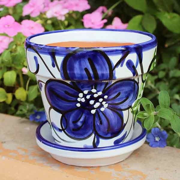 画像1: スペイン製 輸入雑貨 皿付きプランター 植木鉢 ブルー 花柄 14cm タラベラ焼き ハンドペイント テラコッタ 13733 直輸入 リビングスタジオ (1)