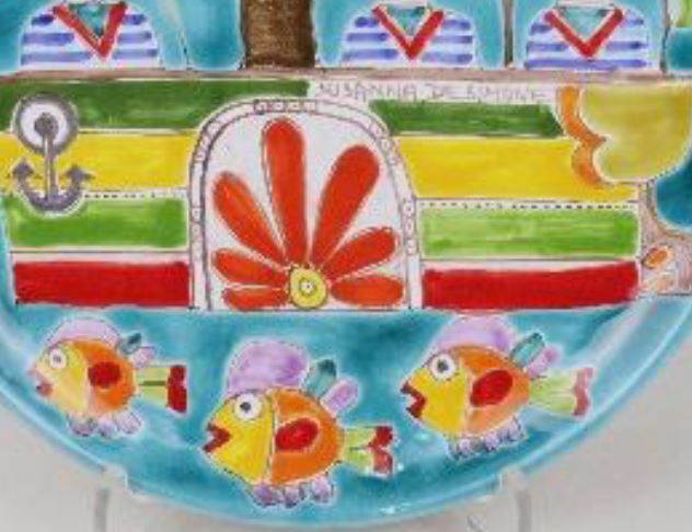 イタリア製 輸入雑貨 シチリア 陶器 絵皿 壁飾り 壁掛け 手描き 蒸気船
