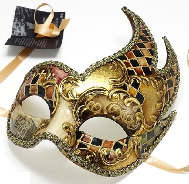 イタリア製 輸入雑貨 ベネチアンマスク 仮面 ブラウン 茶 ゴールド 金