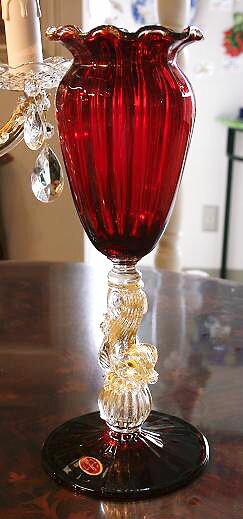 高級品 美品 ベネチアングラス ムラーノガラス コンポ―ト 赤 Φ32cm