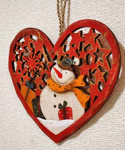 クリスマス 輸入雑貨 スノーマン 壁飾り ハート 木製 木彫り 透かし