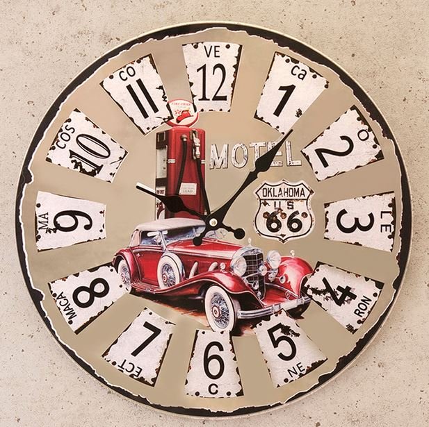 輸入雑貨 ミラー ウォールクロック RT 66 RED Historic Car 壁掛け時計 