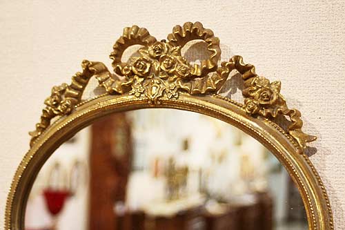 輸入雑貨 ミラー 楕円 ゴールド リボン 壁掛け 鏡 ロココ オーバル