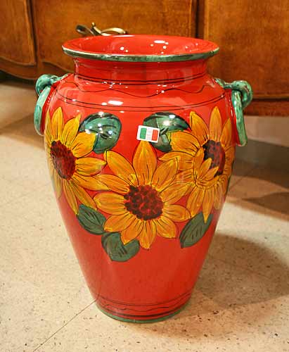 イタリア製 輸入雑貨 直輸入 陶器 傘立て 大花瓶 手描き ひまわり 赤
