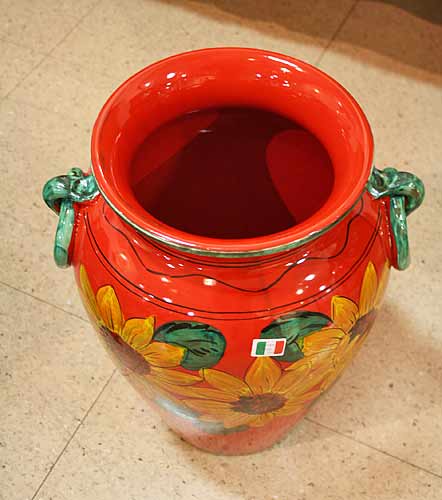 イタリア製 輸入雑貨 直輸入 陶器 傘立て 大花瓶 手描き ひまわり 赤
