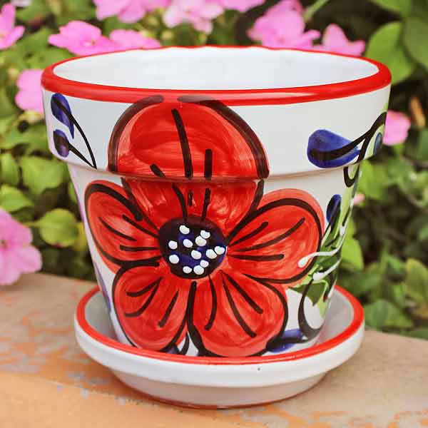 スペイン製 輸入雑貨 皿付きプランター 植木鉢 赤 花柄 14cm タラベラ
